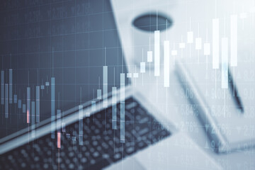 Poster - Multi exposure of abstract financial diagram on computer background, banking and accounting concept