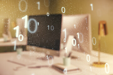 Wall Mural - Creative abstract binary code sketch on modern laptop background, hacking and matrix concept. Multiexposure