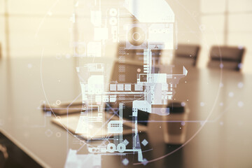 Aufkleber - Double exposure of creative human head microcircuit with computer on background. Future technology and AI concept