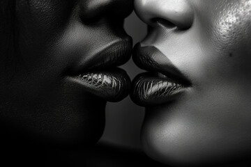 Close up mouth and lips of two woman, black and white