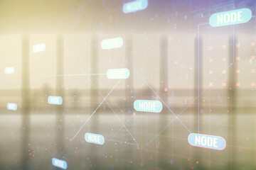 Poster - Multi exposure of abstract creative coding sketch on empty corporate office background, artificial intelligence and neural networks concept