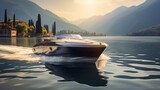 Fototapeta  - Elegant Riva Boat Gliding on Serene Lake - AI Generated