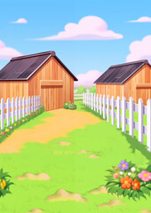 Wall Mural - Farmyard Outside Scenery. Wooden barn farm house, green rural farm, blue sky on background. Children's book illustration in cartoon style.