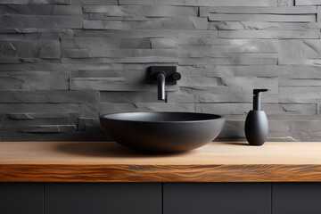 Wall Mural - Sleek black basin against textured stone wall in minimal bathroom