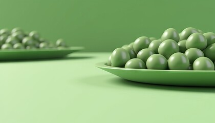 Minimalistic illustration of a bowl with green balls on a green background with a soft monochrome effect. Concept: interior design, conceptual advertising and as a visual reinforcement of themes relat