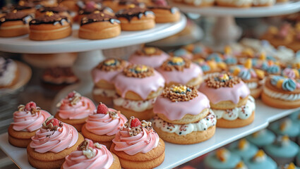 Poster - A showcase with delicious cookies and cakes, bright and beautiful. Generative AI.