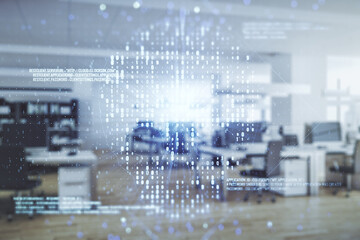 Poster - Abstract virtual code skull illustration on a modern furnished office background. Hacking and phishing concept. Multiexposure