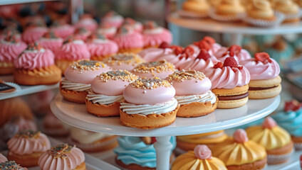 Poster - A showcase with delicious cookies and cakes, bright and beautiful. Generative AI.