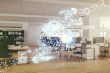 Aufkleber - Abstract virtual robotics technology hologram with globe on a modern furnished classroom background, artificial intelligence and machine learning concept. Multi exposure