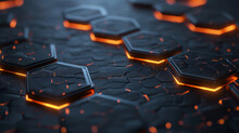 Abstract Glowing Orange Technology Hexagon Pattern Macro Background With Digital Design And Electronic Components
