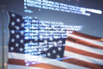 Aufkleber - Double exposure of abstract creative programming illustration on US flag and blue sky background, big data and blockchain concept