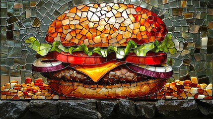 Wall Mural - Hamburger, breakfast, stained glass art wallpaper.