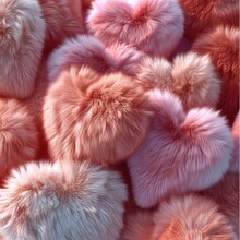 3d Fur Hearts, Realistic Fur Texture, Pastel Pink And Red Color Palette. Generative AI.
