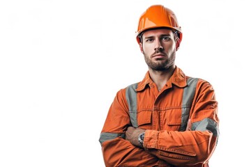 A construction worker in a helmet and uniform stands against a white wall. Studio photo of a bearded man, a worker, an engineer, a loader