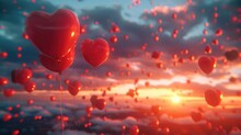 A Many Heart Balloons Floating In The Sunset Sky With Free Copy Space For Text. Use A Vibrant Color Palette. Generative AI.
