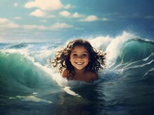 A Cute Girl Swimming In The Ocean 