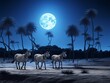Zebras running near the moon in a desert
