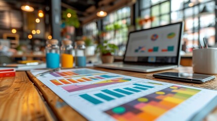 Poster - Business Analytics Workspace With Laptop and Charts in a Modern Office