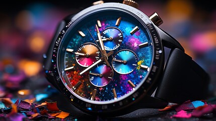 Wall Mural - Fashionable wristwatch with vibrant colors and intricate details in close up studio shot