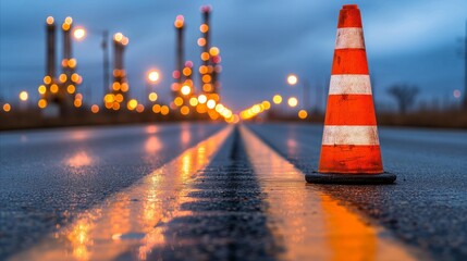 Wall Mural - twilight roadwork with reflective traffic cone and industrial background