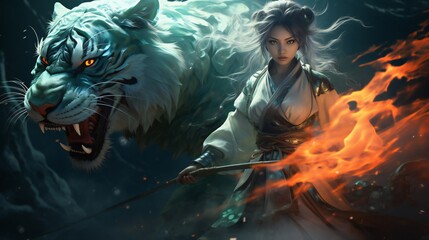 Wall Mural - anime girl samurai with frustrating ice tiger with glowing eyes jumping on you