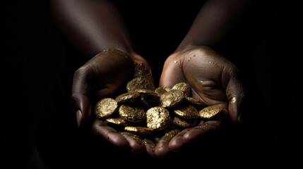 slavery in mining. african hands holding pieces of gold over dark background