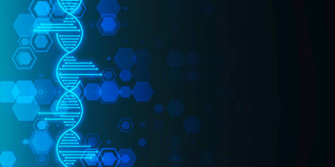 Aufkleber - Glowing DNA helix on blurry blue backdrop. Medical and heredity genetic health concept. Technology science. 3D Rendering.