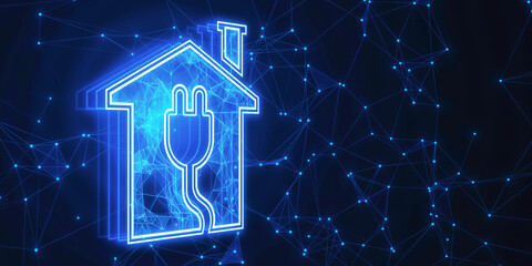 Aufkleber - Creative house and plug hologram on blurry blue background with polygonal mesh. Smart home and innovation concept. 3D Rendering.