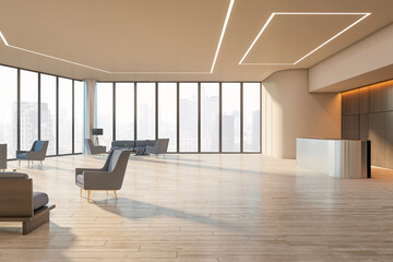 Poster - Modern reception with cityscape and sleek design elements, spacious office environment. 3D Rendering