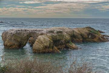 Wall Mural - A serene rocky beach at sunset, with dramatic clouds casting a captivating display of colors across the sky