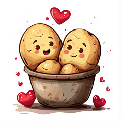 Wall Mural - cute couple potato in love illustration design, isolated on white background, with red love heart, happy valentines day cards, mothers day cards, cute nursery room portraits