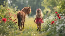 A Little Girl Walks Through A Green Beautiful Garden With A Little Pony