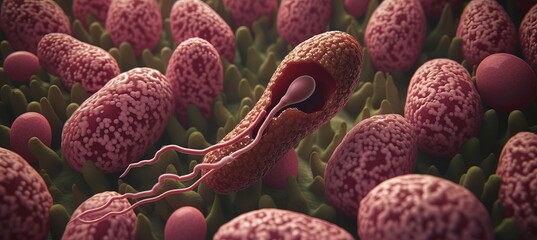 Wall Mural - Microscopic view of male sperm fertilizing female egg under a microscope in a laboratory setting