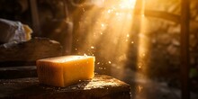 Rustic Cheese Block Basking In Warm Sunlight. Ideal For Food Blogs And Menus. A Moment Of Countryside Serenity Captured. AI