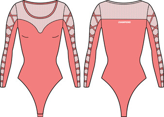 Wall Mural - Women Bodysuit active wear design flat sketch fashion Illustration, Long sleeve Snap Leotard swimsuit suitable for girls and Ladies . Bodycon Swimwear active clothing.