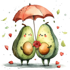 Wall Mural - valentines day avocado couple in love with red umbrella, red heart petals shower