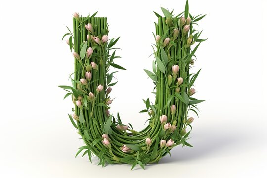 3d modern style letter u made from umbrella plant flowers isolated on white background