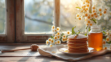 A Table Set For Easter Near The Window. Pancakes In A Heap On A Plate And Honey In A Jar. Flowers In A Vase On The Window