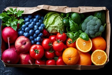 Wall Mural - A craft bag with vegetables and fruits on a light background. Food delivery