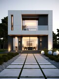 Fototapeta  - A modern house with a stone walkway and beautiful landscaping. Generative AI.