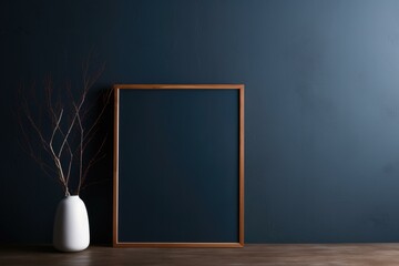 Poster - A wooden table with an empty frame and a vase. Generative AI.