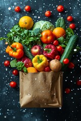 Wall Mural - A kraft bag with vegetables and fruits on a black background. Food delivery