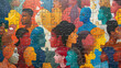  Multi colored puzzle faces with different people showing Diversity and inclusion, equity and belonging