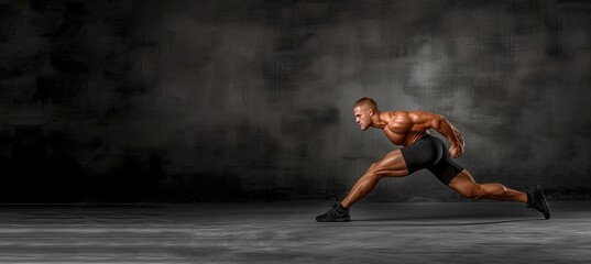 Wall Mural - Young male athlete bodybuilder exercising and posing in gym with copy space for text