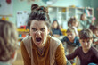 An angry, dissatisfied teacher yells at children in a kindergarten or school. Naughty children