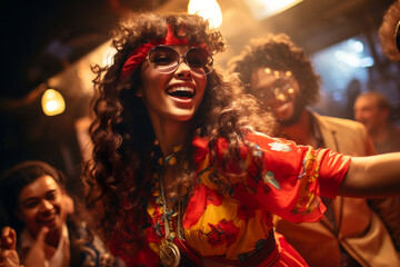 Caucasian woman dancing at 1970s party