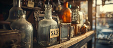 Antique Shop, Rare And Unique Items With "Sale" Labels, Vintage Atmosphere, Dust Motes In Sunbeams, Nostalgic And Rich Textures, Close-up On Special Items