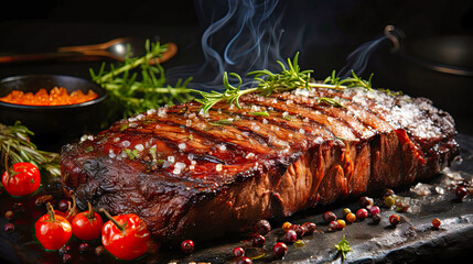 Wall Mural - flank steak barbecue, on a wooden board with greenery