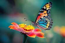 Butterfly With A Colorful Wing And A Flower