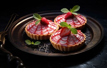 Canvas Print - Three small desserts on a black plate. Generative AI.